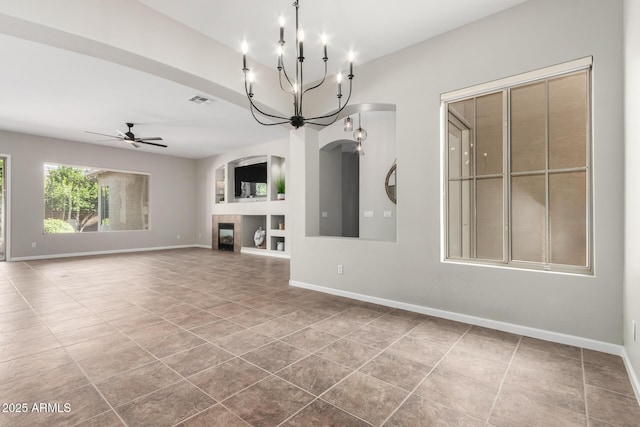 4215 W Hackamore Dr, Phoenix, AZ 85083 - unfurnished living room featuring tile patterned floors, ceiling fan, a chandelier, baseboards, and a tiled fireplace