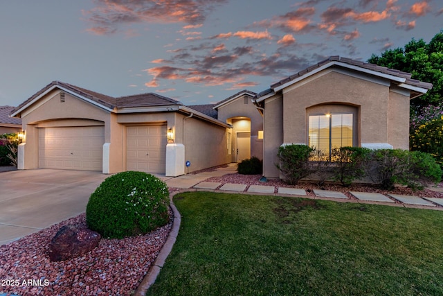 4215 W Hackamore Dr, Phoenix, AZ 85083 - view of front of home featuring stucco siding, a garage, concrete driveway, a front lawn, and a tile roof