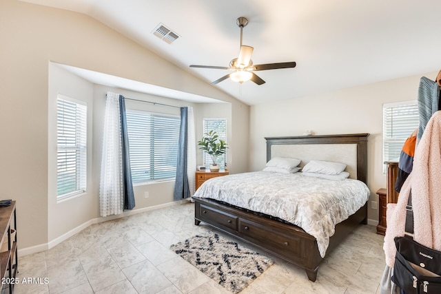 bedroom featuring lofted ceiling, multiple windows, and visible vents