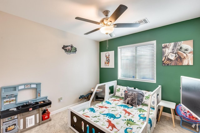 bedroom with visible vents, ceiling fan, and baseboards