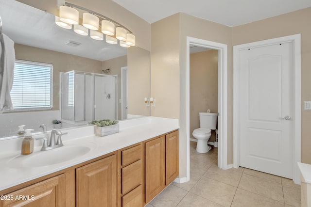 full bathroom featuring a shower stall, baseboards, toilet, tile patterned floors, and vanity