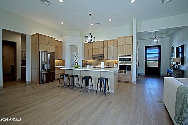 kitchen featuring sink, light hardwood / wood-style floors, stainless steel appliances, and decorative light fixtures