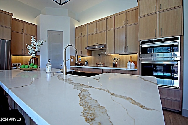 kitchen with sink, light stone countertops, stainless steel appliances, and dark hardwood / wood-style floors