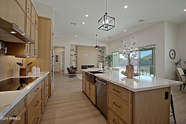 kitchen with sink, light hardwood / wood-style floors, pendant lighting, stainless steel dishwasher, and a kitchen island with sink