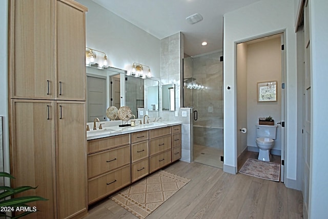 bathroom with vanity, toilet, wood-type flooring, and an enclosed shower