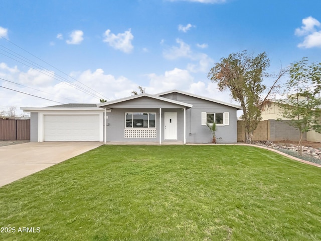 ranch-style house with a garage, a front yard, driveway, and fence