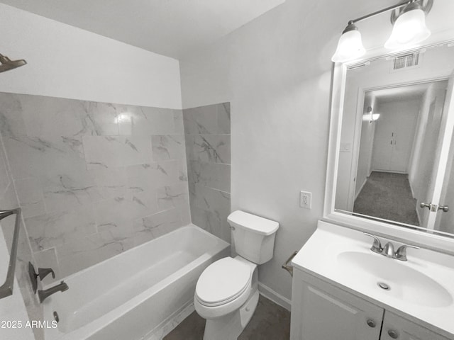 bathroom featuring visible vents, toilet, baseboards, bathing tub / shower combination, and vanity