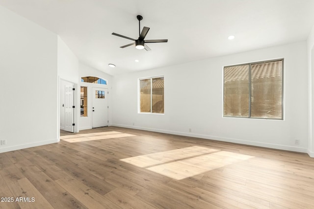 unfurnished living room featuring recessed lighting, ceiling fan, baseboards, and wood finished floors