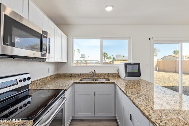 kitchen with appliances with stainless steel finishes, light stone counters, wood finished floors, white cabinetry, and a sink