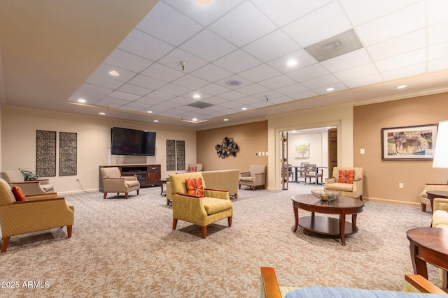 10330 W Thunderbird Blvd Unit C109, Sun City, AZ 85351 - living room featuring carpet, crown molding, a paneled ceiling, and recessed lighting
