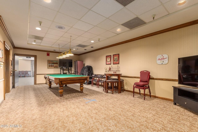 10330 W Thunderbird Blvd Unit C109, Sun City, AZ 85351 - game room featuring a drop ceiling, billiards table, carpet flooring, and crown molding