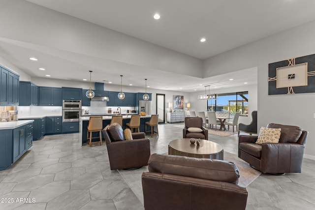 living room with recessed lighting