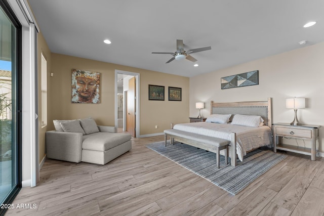 bedroom featuring baseboards, a ceiling fan, light wood-style flooring, and recessed lighting