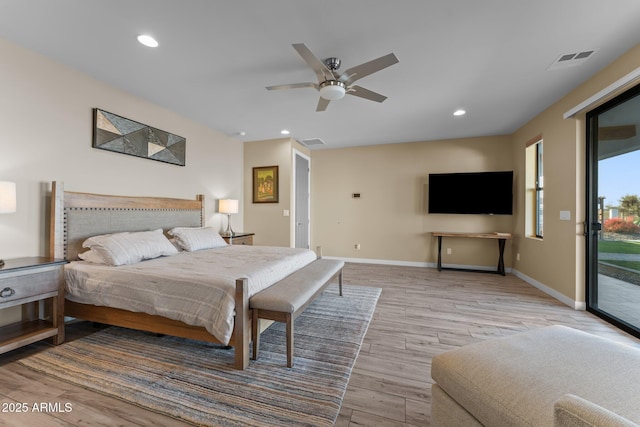 bedroom featuring visible vents, recessed lighting, light wood-style flooring, and access to exterior