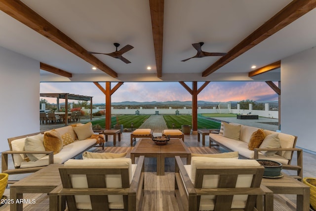 view of patio / terrace with outdoor dining area, ceiling fan, outdoor lounge area, and a pergola