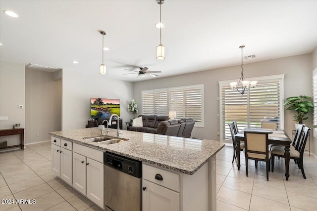 kitchen with dishwasher, white cabinetry, sink, a center island with sink, and light tile patterned flooring