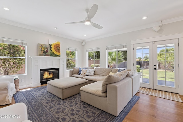 2258 N Gentry, Mesa, AZ 85213 - living room featuring plenty of natural light, crown molding, a ceiling fan, french doors, and wood finished floors