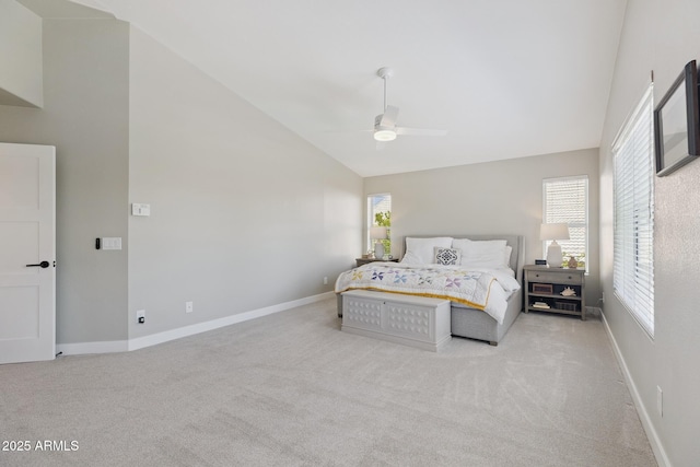 2258 N Gentry, Mesa, AZ 85213 - bedroom featuring light colored carpet, high vaulted ceiling, and ceiling fan