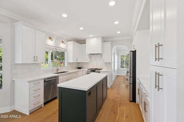 2258 N Gentry, Mesa, AZ 85213 - kitchen with stainless steel appliances, crown molding, custom exhaust hood, white cabinets, and recessed lighting