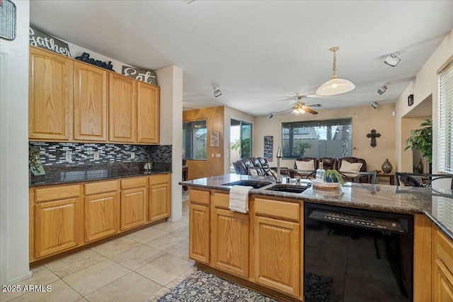 kitchen with ceiling fan, decorative backsplash, black dishwasher, hanging light fixtures, and light tile patterned floors