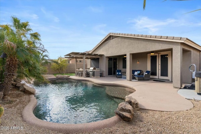 view of swimming pool featuring ceiling fan, an outdoor living space, a pergola, and a patio area