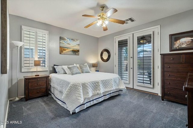 carpeted bedroom featuring ceiling fan, access to exterior, and french doors