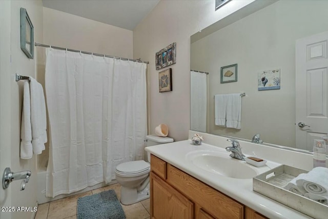 full bathroom with toilet, tile patterned floors, vanity, and shower / bath combo with shower curtain