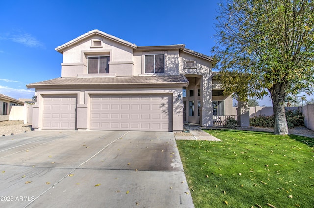 front facade with a garage and a front lawn