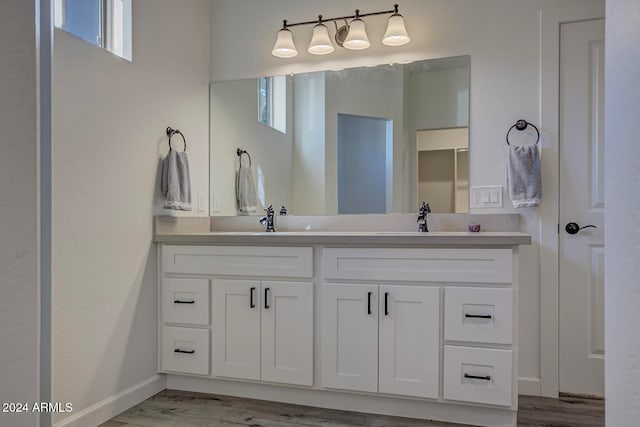 bathroom with a wealth of natural light, vanity, and hardwood / wood-style flooring