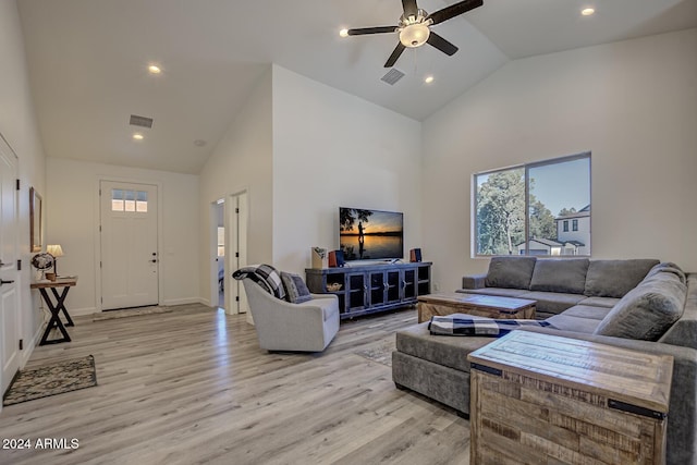 211 S Thunder Mtn, Payson, AZ 85541 - living room featuring healthy amount of natural light, high vaulted ceiling, light wood finished floors, ceiling fan, and recessed lighting