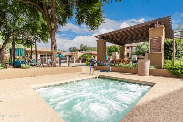 view of swimming pool with a pergola and playground community