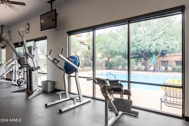 workout area featuring ceiling fan