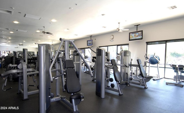 exercise room with visible vents and a ceiling fan