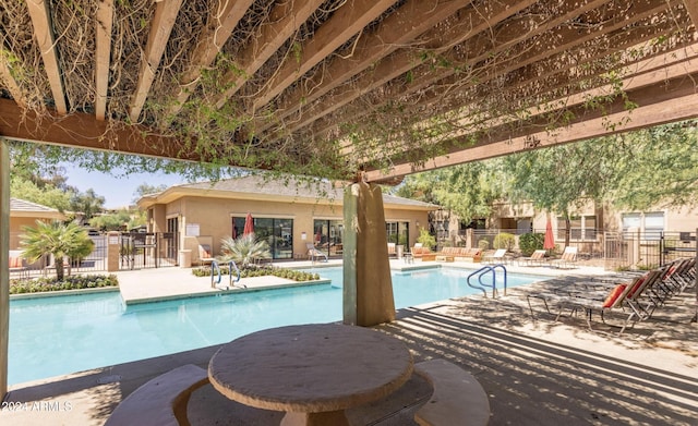 pool featuring a patio area and fence