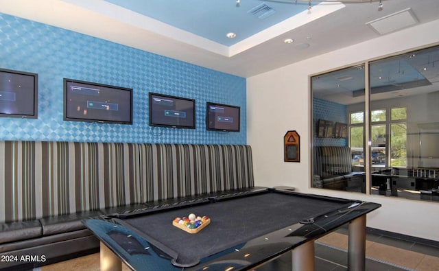 rec room with a tray ceiling, visible vents, billiards, and wallpapered walls