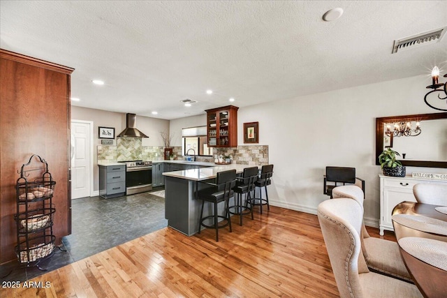kitchen with visible vents, stainless steel range with electric cooktop, a peninsula, glass insert cabinets, and wall chimney exhaust hood
