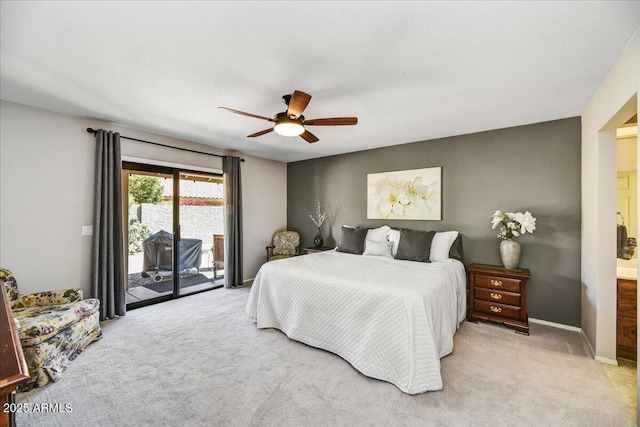 carpeted bedroom with baseboards, access to outside, and a ceiling fan