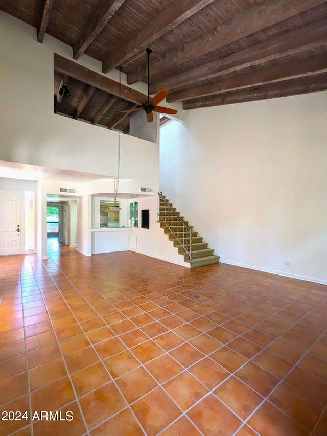 interior space with beam ceiling, visible vents, wood ceiling, ceiling fan, and tile patterned floors