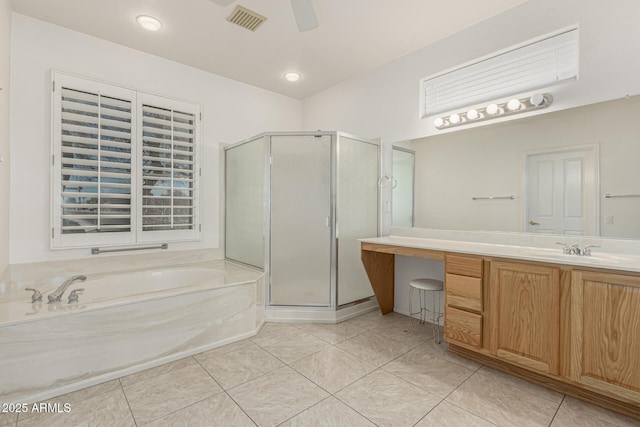 full bathroom with tile patterned flooring, vanity, visible vents, and a shower stall