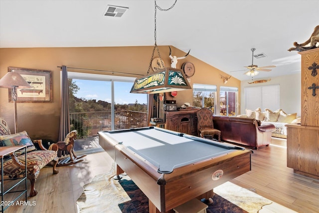 playroom featuring vaulted ceiling, light wood-type flooring, ceiling fan, and billiards