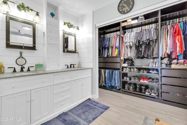 bathroom with a sink, a walk in closet, double vanity, and wood finished floors