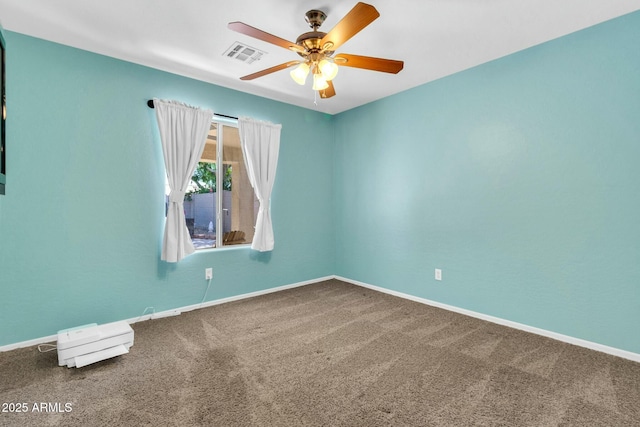 unfurnished room featuring ceiling fan, baseboards, carpet flooring, and visible vents