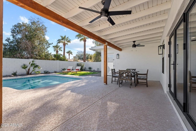 view of pool featuring ceiling fan and a patio area