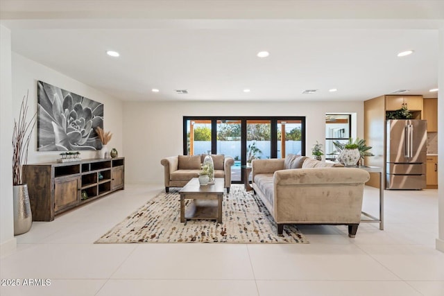 tiled living room with french doors