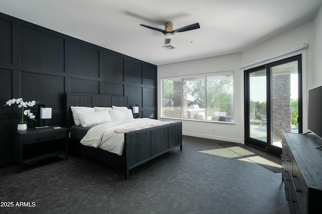 bedroom with ceiling fan and access to exterior