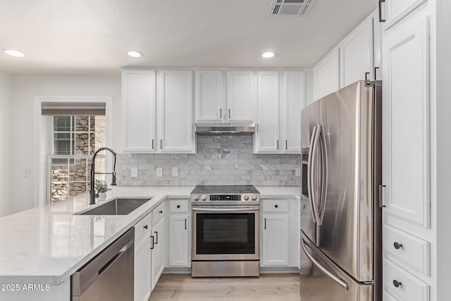 2636 S Bahama Dr, Gilbert, AZ 85295 - kitchen featuring appliances with stainless steel finishes, a sink, white cabinetry, recessed lighting, and decorative backsplash