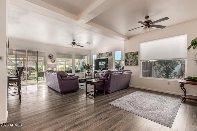 living room with beam ceiling, dark hardwood / wood-style floors, and ceiling fan