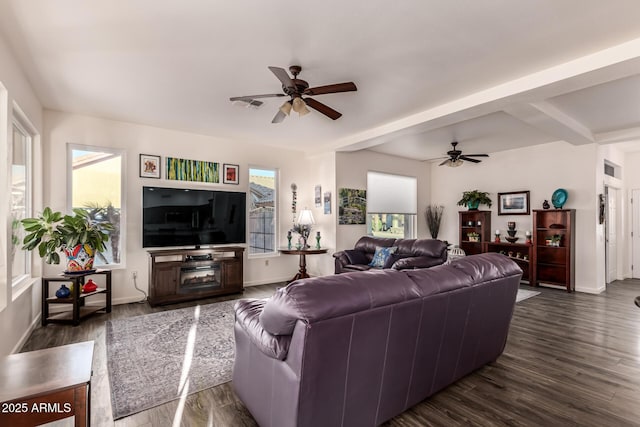 living room featuring ceiling fan, dark hardwood / wood-style flooring, and a wealth of natural light