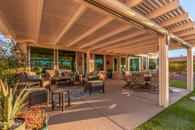 view of patio with an outdoor living space and a pergola