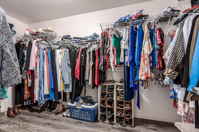 walk in closet with hardwood / wood-style floors